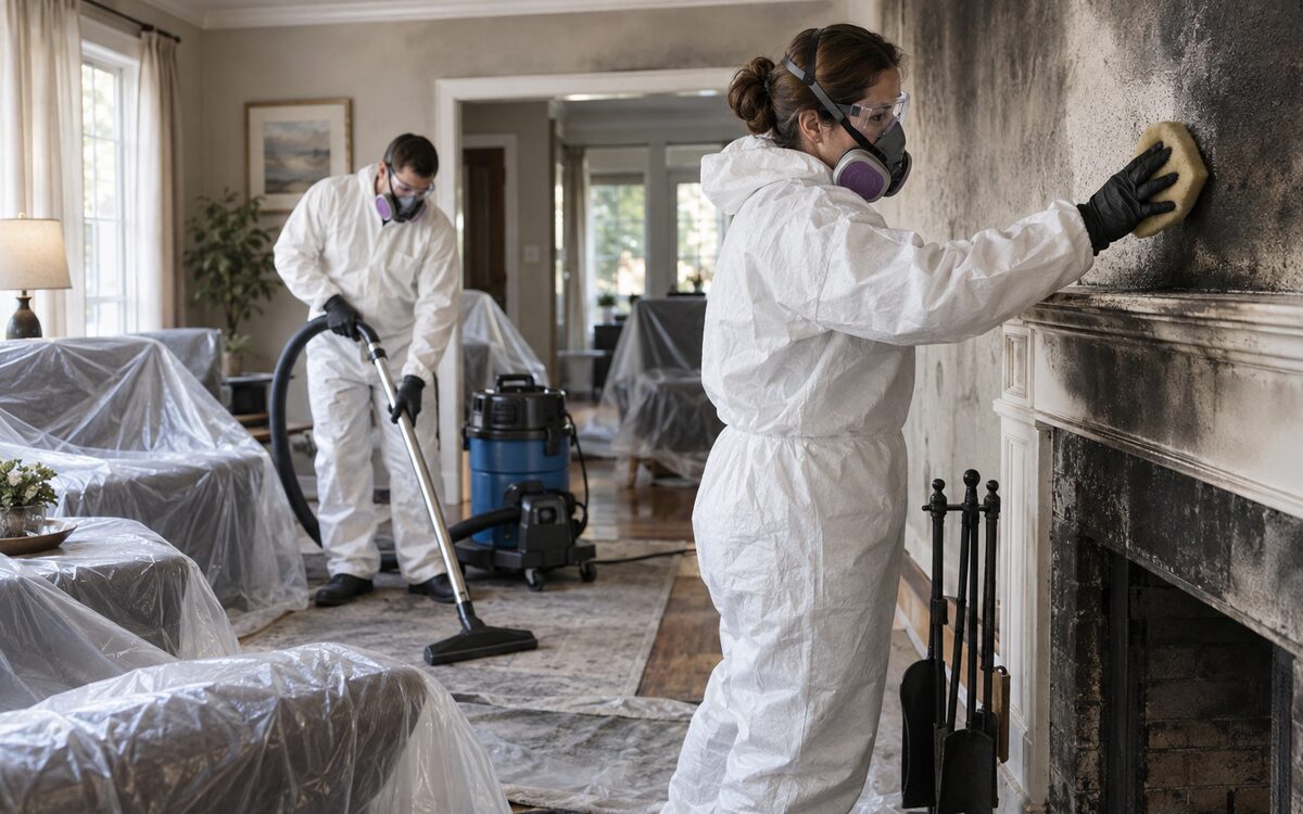 Fire and smoke damage restoration technicians cleaning a soot-damaged property