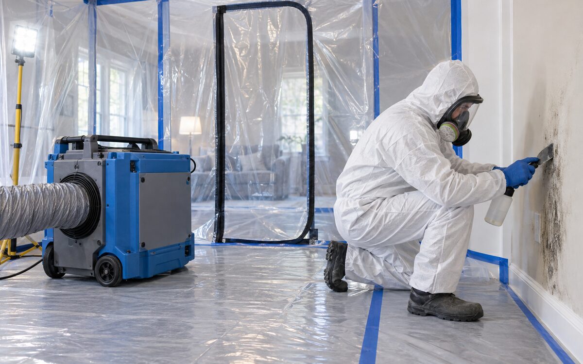 Mold remediation technician working inside a professional containment area