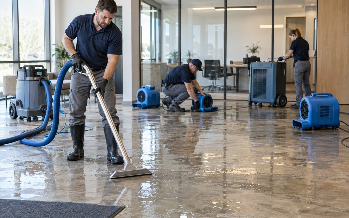 Professional water damage restoration crew extracting water and setting drying equipment